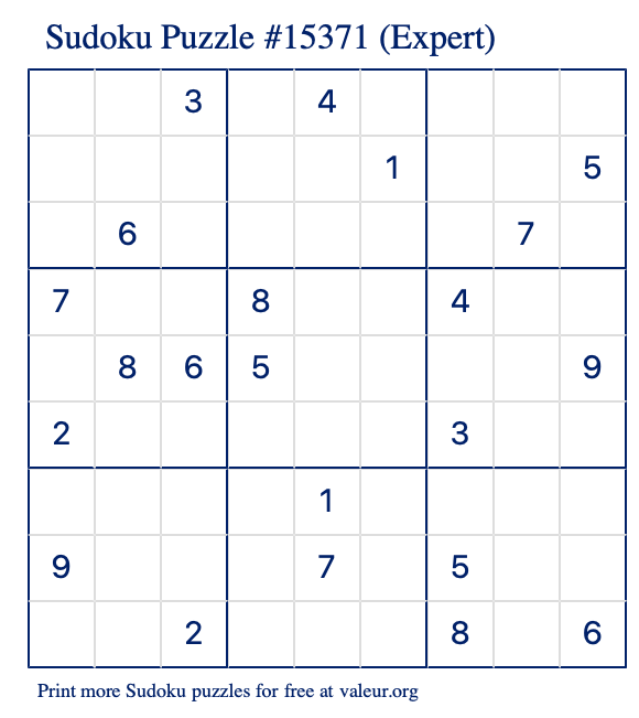 Free Printable Expert Sudoku Puzzle number 15371