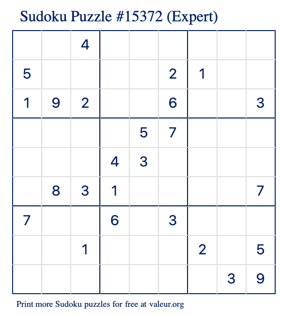 Free Printable Expert Sudoku Puzzle number 15372