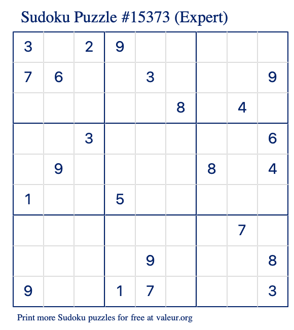 Free Printable Expert Sudoku Puzzle number 15373