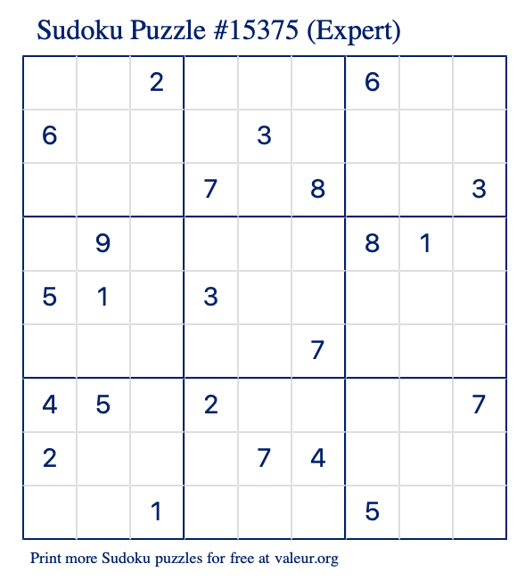 Free Printable Expert Sudoku Puzzle number 15375