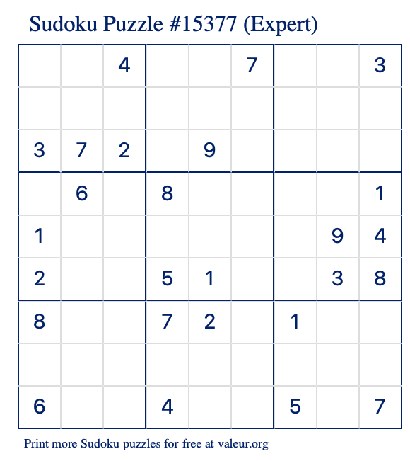 Free Printable Expert Sudoku Puzzle number 15377