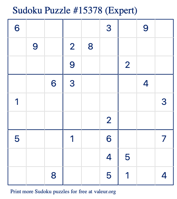 Free Printable Expert Sudoku Puzzle number 15378