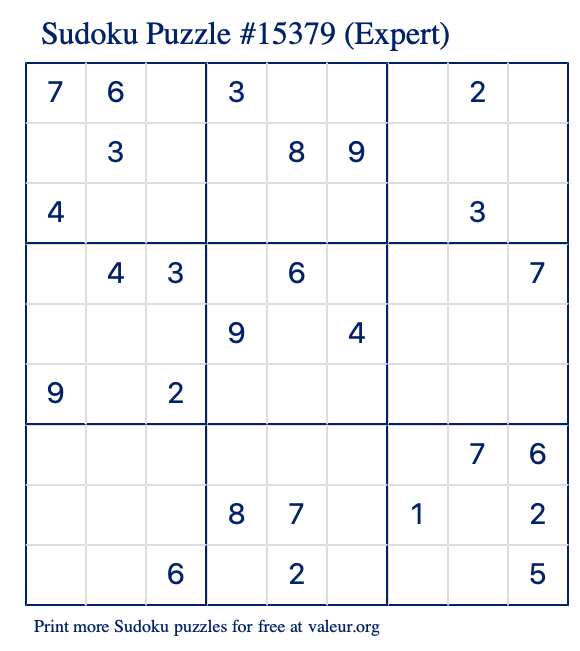 Free Printable Expert Sudoku Puzzle number 15379