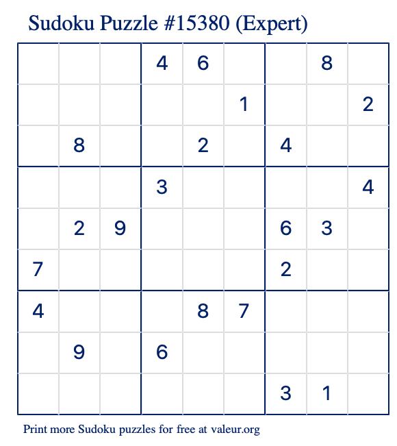 Free Printable Expert Sudoku Puzzle number 15380