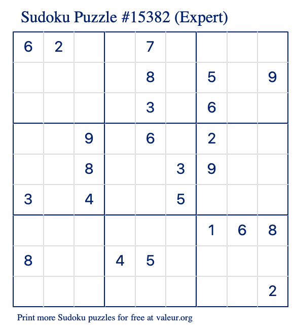 Free Printable Expert Sudoku Puzzle number 15382