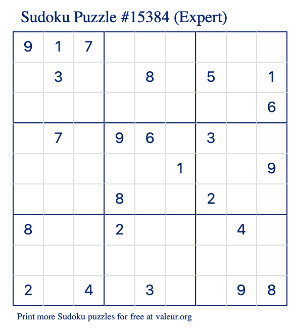 Free Printable Expert Sudoku Puzzle number 15384