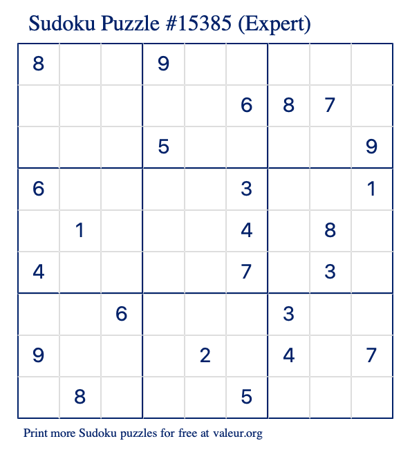 Free Printable Expert Sudoku Puzzle number 15385