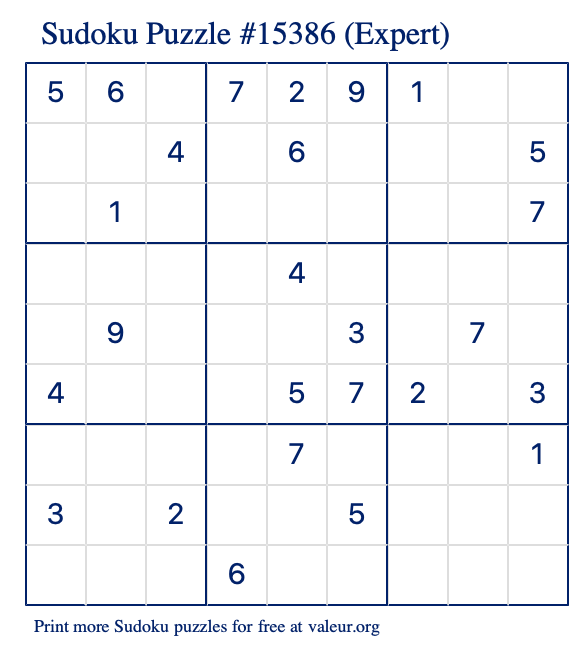 Free Printable Expert Sudoku Puzzle number 15386