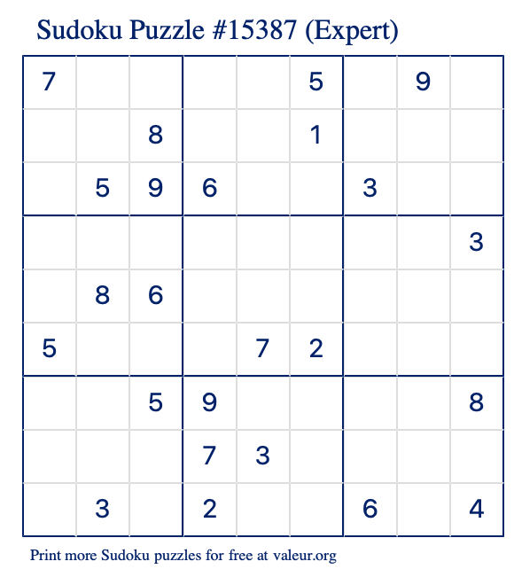 Free Printable Expert Sudoku Puzzle number 15387