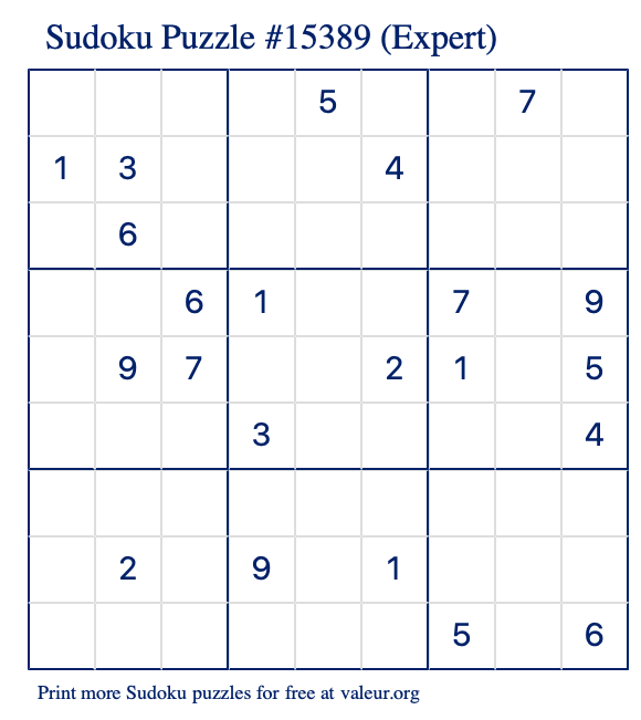 Free Printable Expert Sudoku Puzzle number 15389