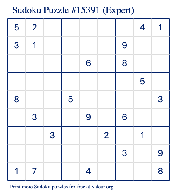 Free Printable Expert Sudoku Puzzle number 15391