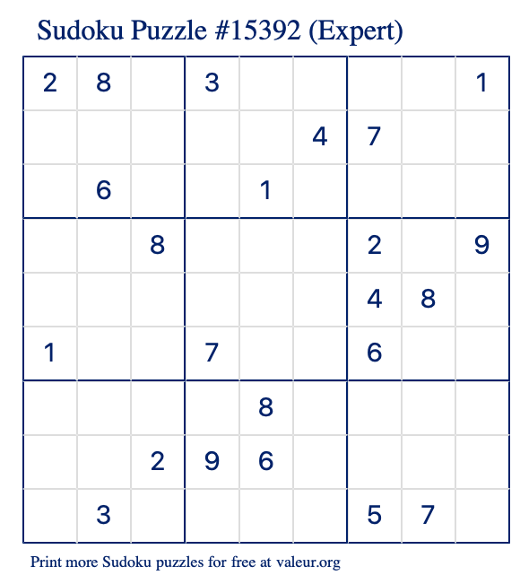 Free Printable Expert Sudoku Puzzle number 15392