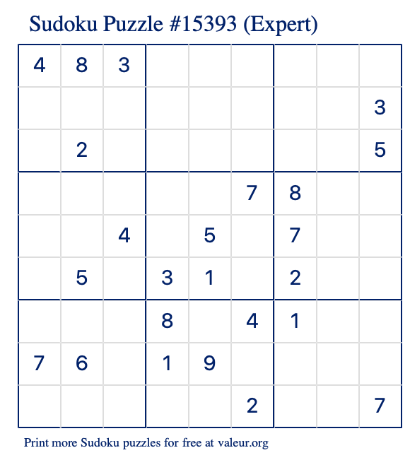 Free Printable Expert Sudoku Puzzle number 15393