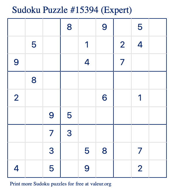 Free Printable Expert Sudoku Puzzle number 15394