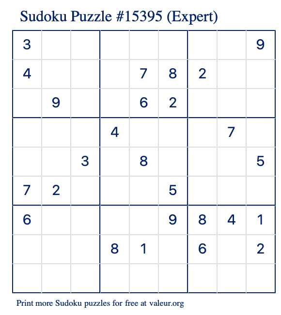 Free Printable Expert Sudoku Puzzle number 15395