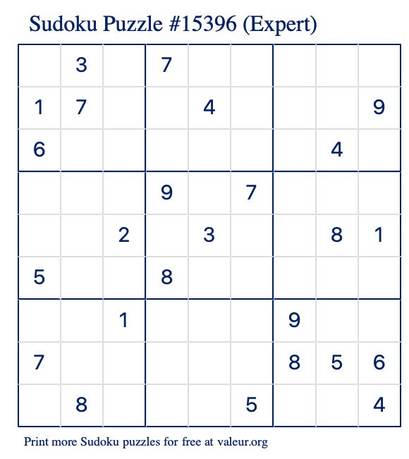 Free Printable Expert Sudoku Puzzle number 15396