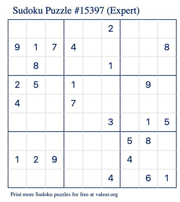 Free Printable Expert Sudoku Puzzle number 15397