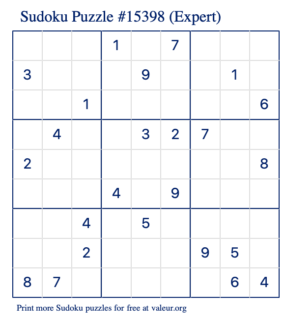 Free Printable Expert Sudoku Puzzle number 15398