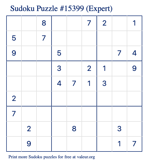 Free Printable Expert Sudoku Puzzle number 15399