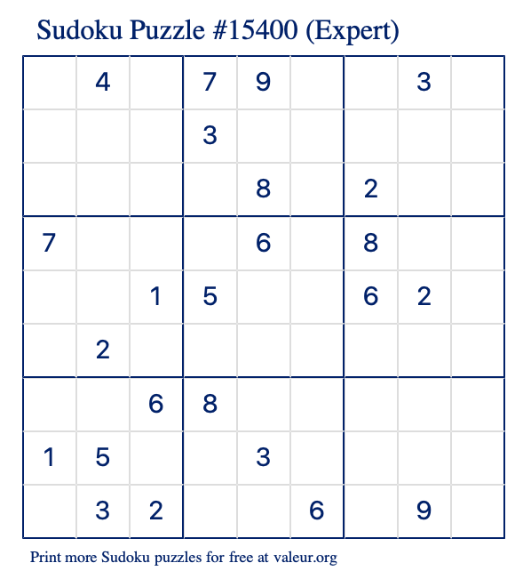 Free Printable Expert Sudoku Puzzle number 15400