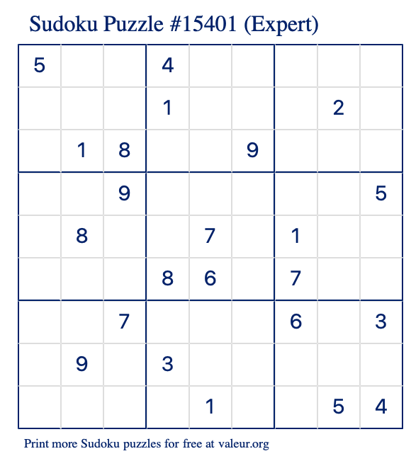 Free Printable Expert Sudoku Puzzle number 15401