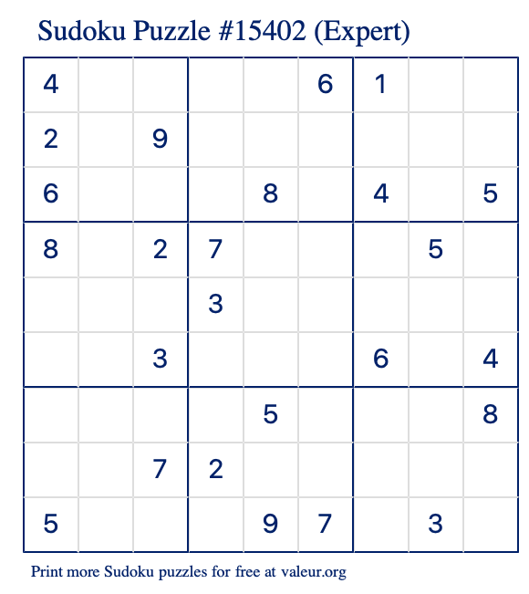 Free Printable Expert Sudoku Puzzle number 15402