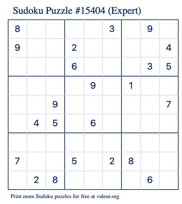 Free Printable Expert Sudoku Puzzle number 15404