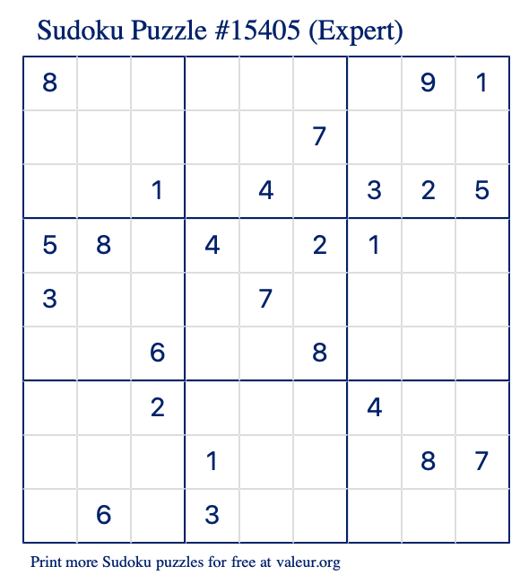 Free Printable Expert Sudoku Puzzle number 15405