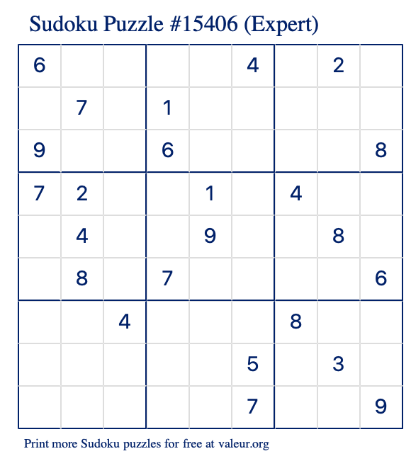 Free Printable Expert Sudoku Puzzle number 15406