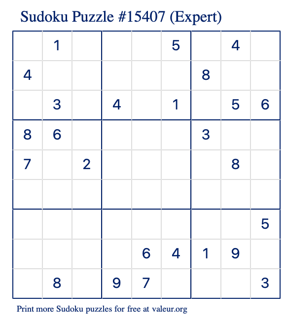 Free Printable Expert Sudoku Puzzle number 15407