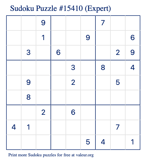 Free Printable Expert Sudoku Puzzle number 15410