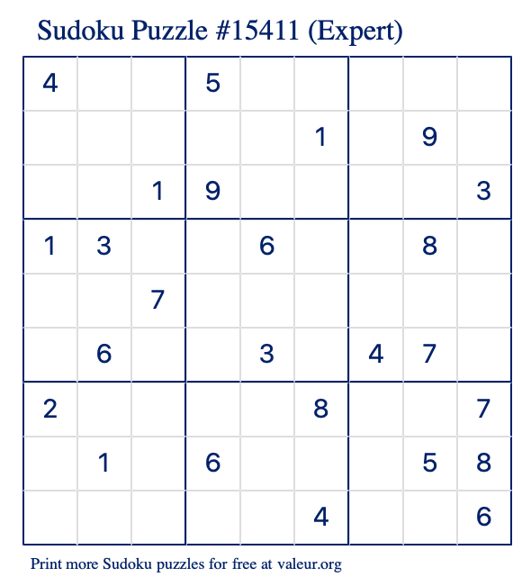 Free Printable Expert Sudoku Puzzle number 15411