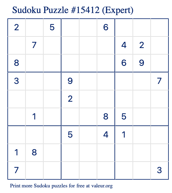 Free Printable Expert Sudoku Puzzle number 15412