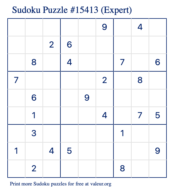 Free Printable Expert Sudoku Puzzle number 15413