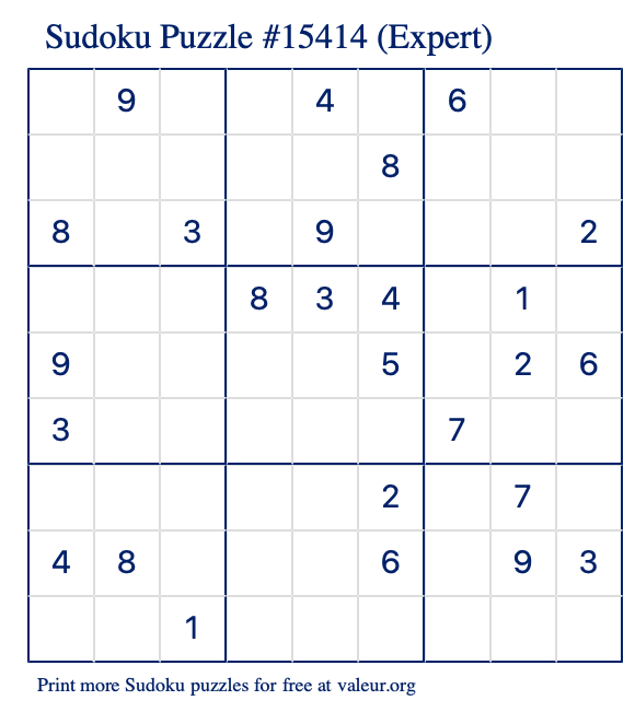 Free Printable Expert Sudoku Puzzle number 15414