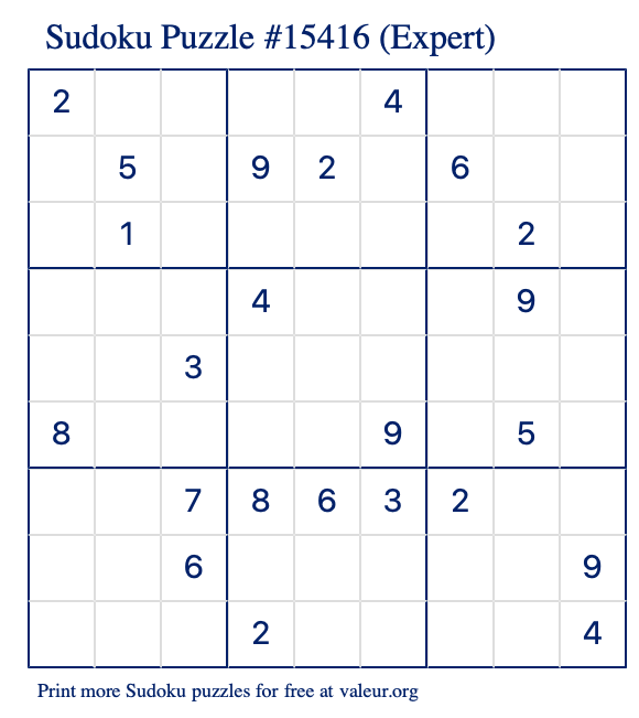 Free Printable Expert Sudoku Puzzle number 15416