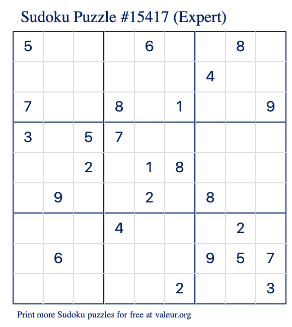 Free Printable Expert Sudoku Puzzle number 15417