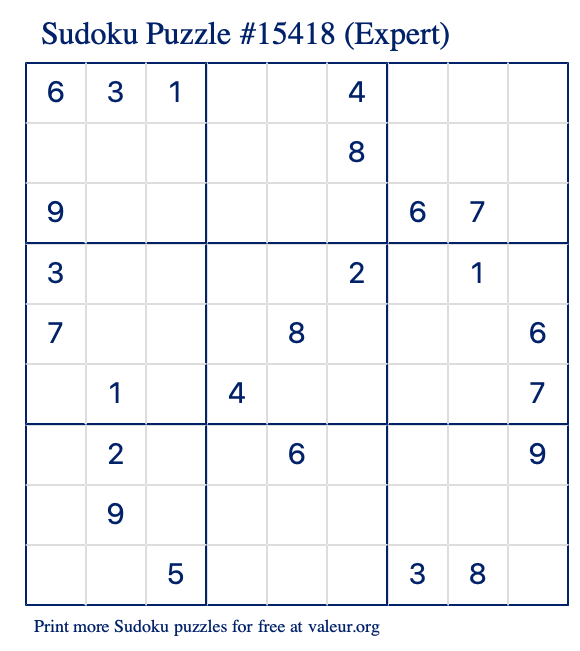 Free Printable Expert Sudoku Puzzle number 15418