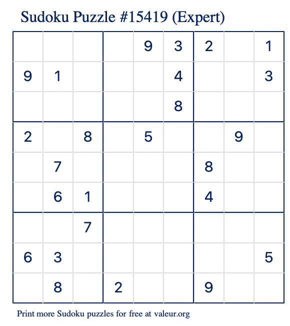 Free Printable Expert Sudoku Puzzle number 15419