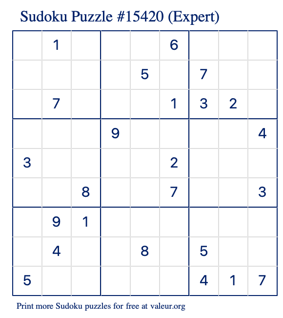 Free Printable Expert Sudoku Puzzle number 15420