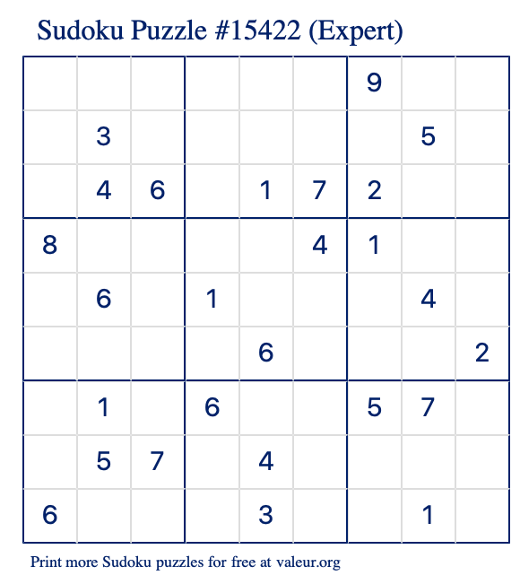 Free Printable Expert Sudoku Puzzle number 15422