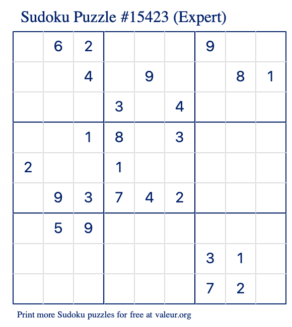 Free Printable Expert Sudoku Puzzle number 15423