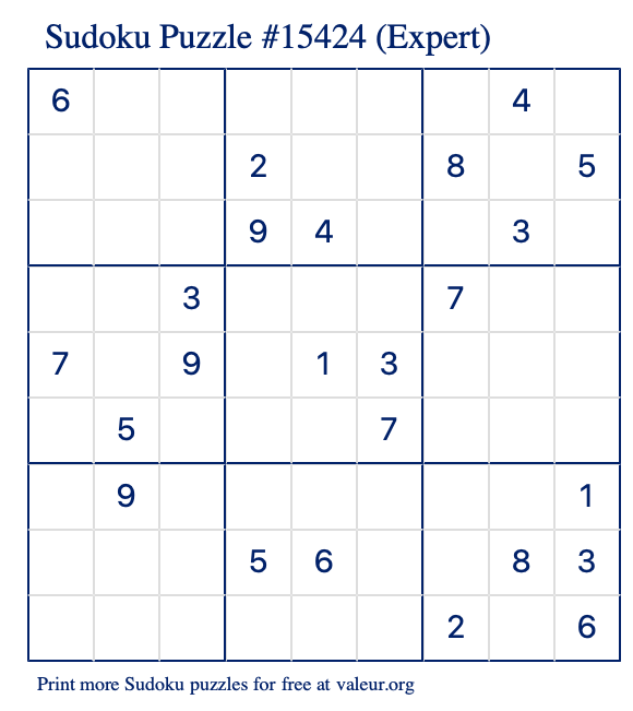 Free Printable Expert Sudoku Puzzle number 15424