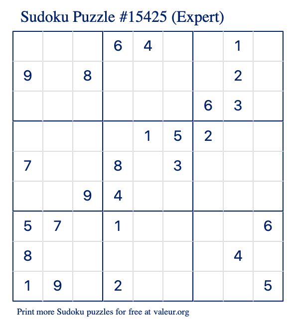 Free Printable Expert Sudoku Puzzle number 15425