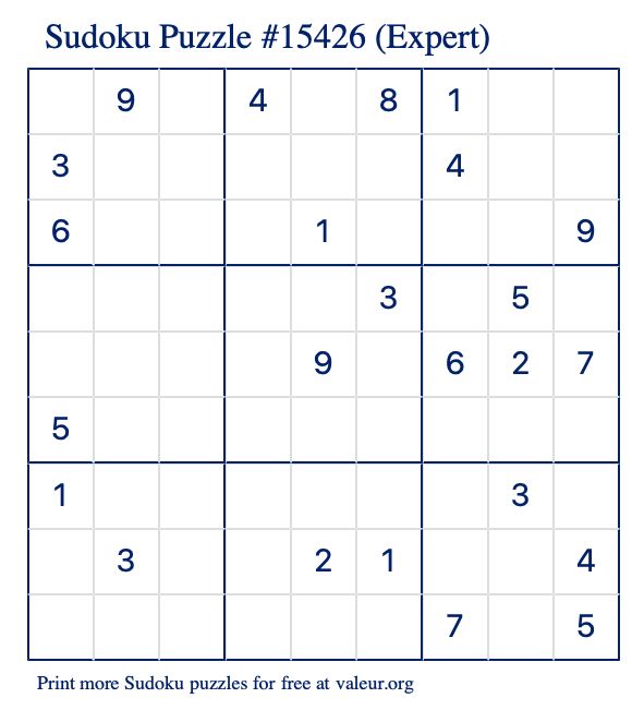 Free Printable Expert Sudoku Puzzle number 15426