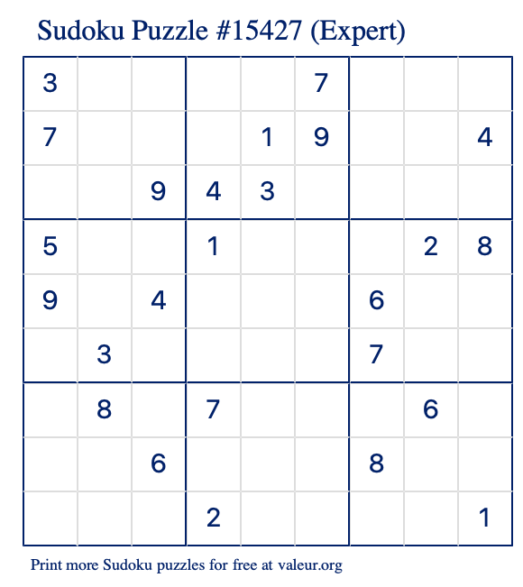 Free Printable Expert Sudoku Puzzle number 15427