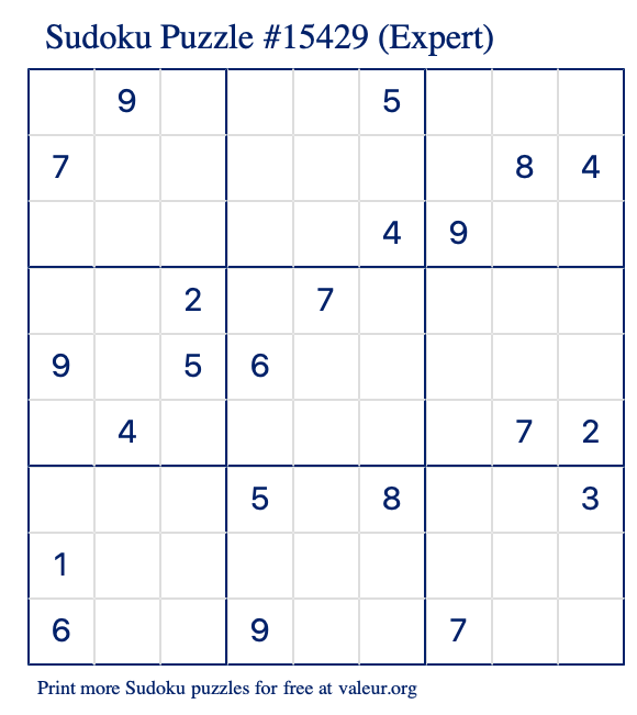 Free Printable Expert Sudoku Puzzle number 15429