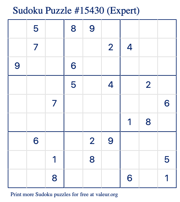 Free Printable Expert Sudoku Puzzle number 15430