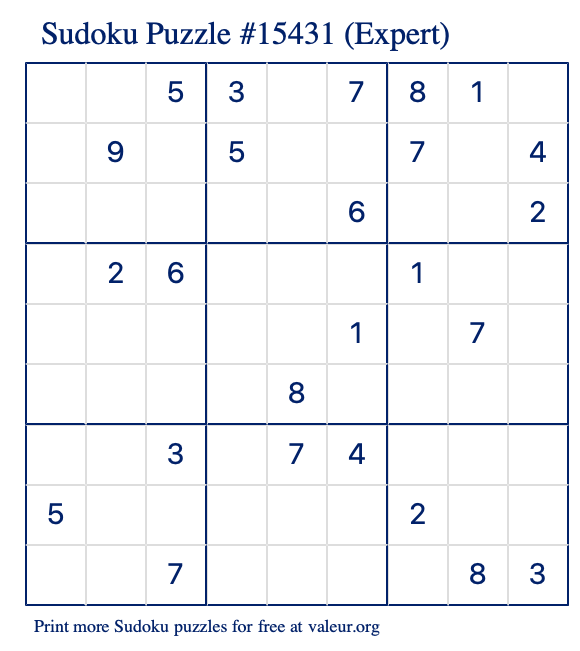 Free Printable Expert Sudoku Puzzle number 15431