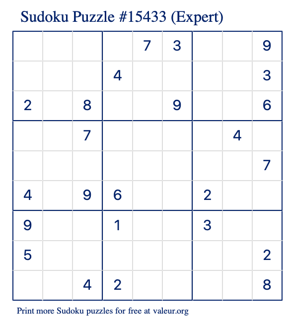 Free Printable Expert Sudoku Puzzle number 15433